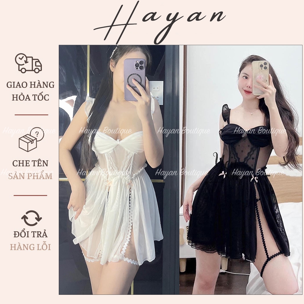 HT320 Váy ngủ sexy xẻ đùi tôn dáng tặng CHÍP kèm đai tất, đồ ngủ ren xuyên thấu xẻ đùi HT320