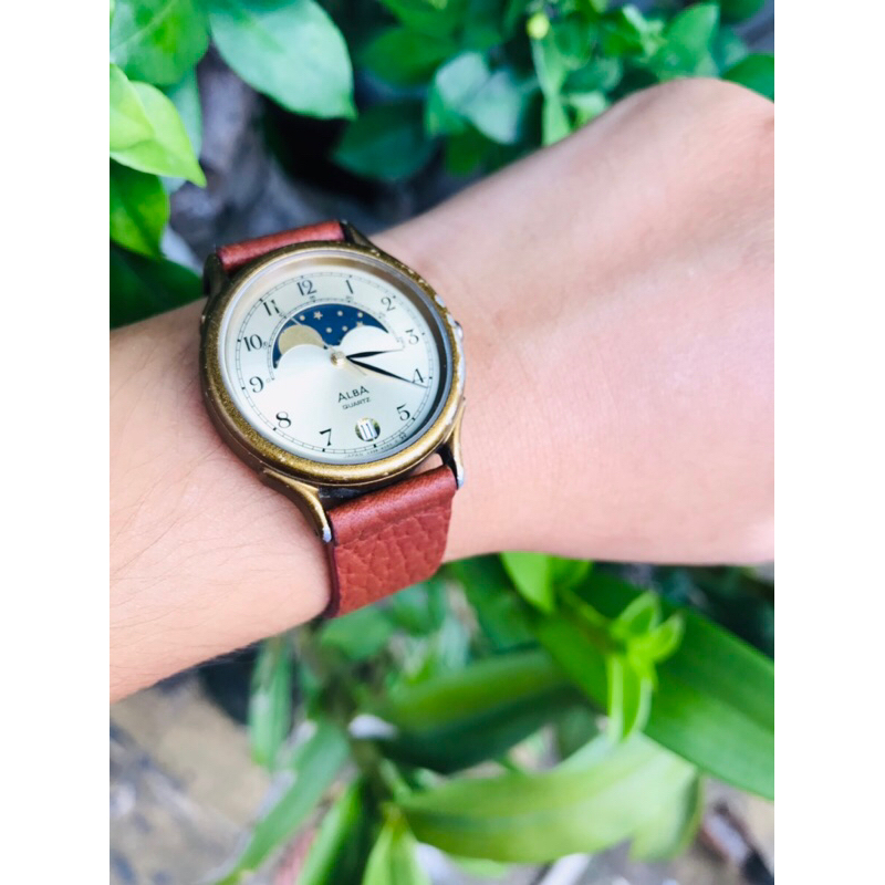 Đồng hồ nữ Alba mặt trăng sao dây da có lịch size 30mm