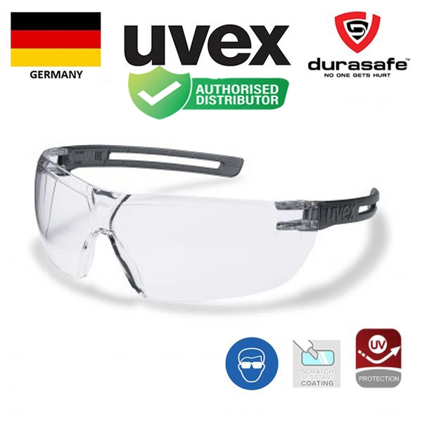 Kính UVEX 9199085 X-Fit Grey Frame Clear Supravision (chống trầy xước, hóa chất) kèm hộp và khăn lau
