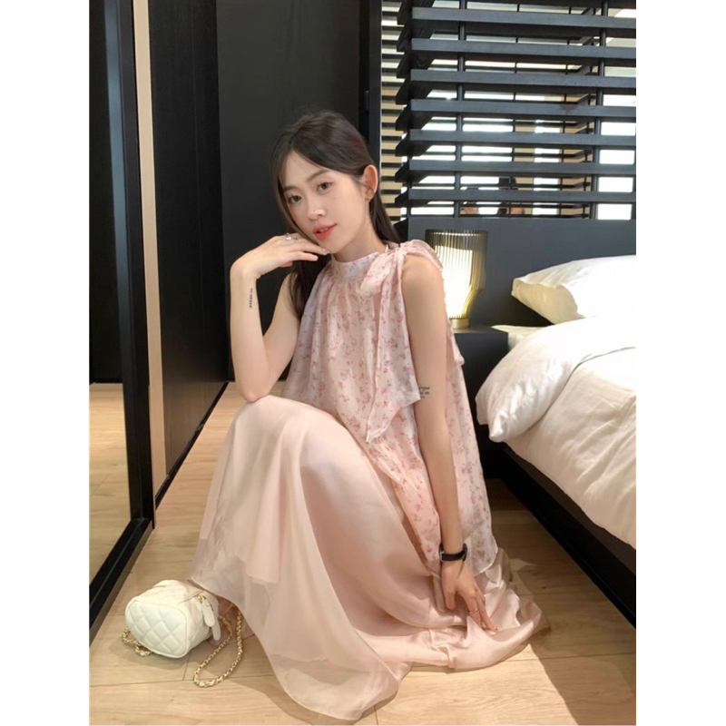 Set áo yếm hoa nhí váy dài trơn màu hồng nhẹ nhàng mùa hè phong cách Pháp Retro Vintage Taobao | BigBuy360 - bigbuy360.vn