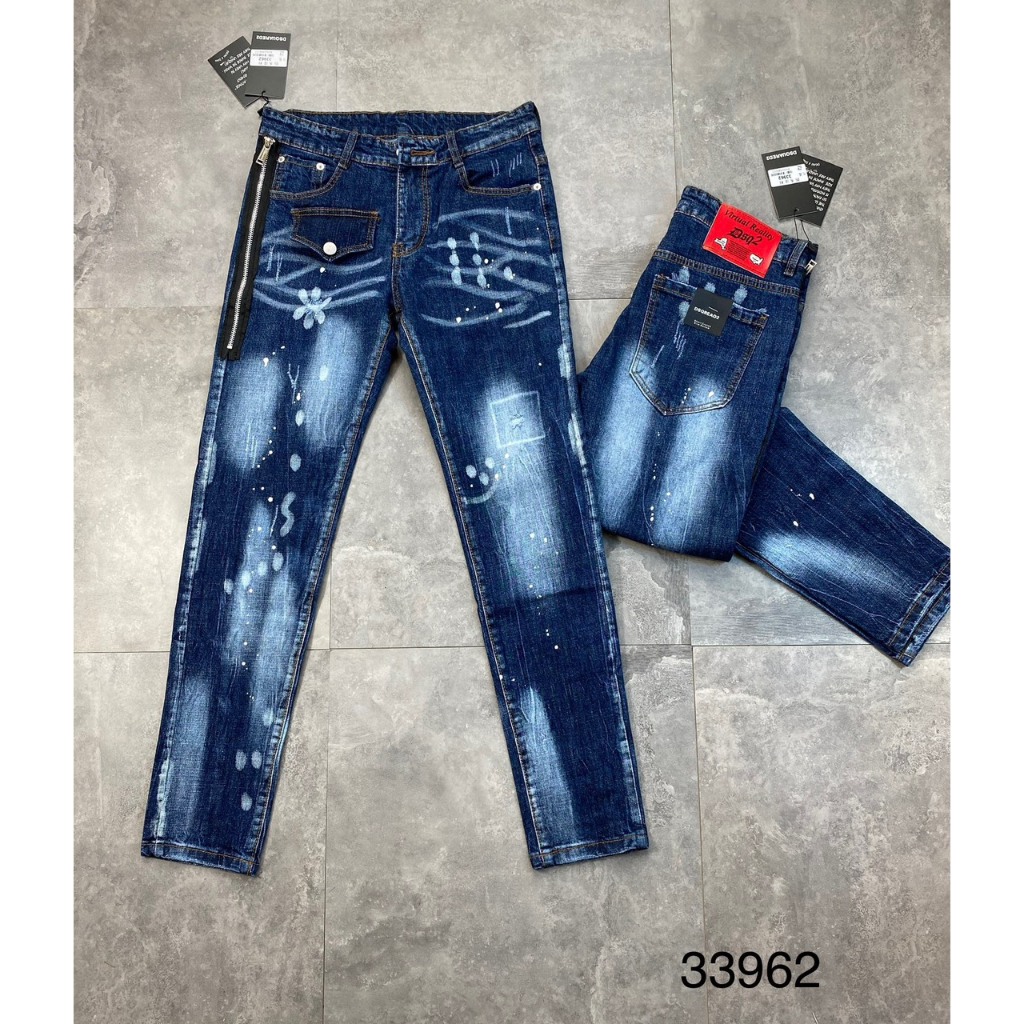 Quần jean  dài nam dsq2 màu xanh đậm vẩy sơn khóa sườn phối túi