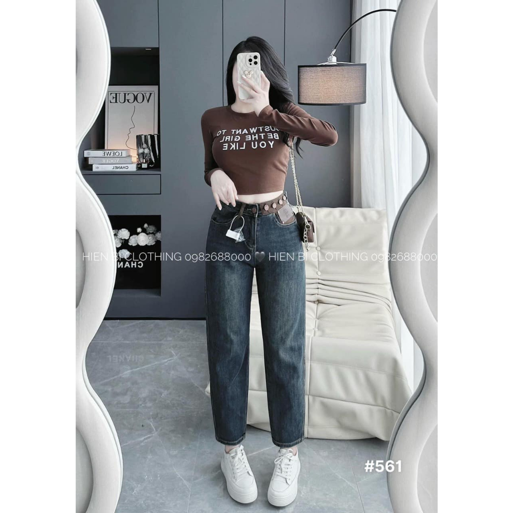 Quần baggy jeans cúc cạp pha nâu hàng QC