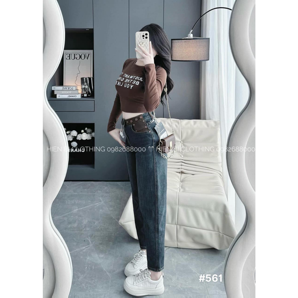 Quần baggy jeans cúc cạp pha nâu hàng QC