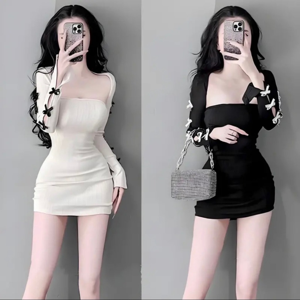 Đầm Body Cup Ngực Kèm Khoác Tay Rời Đính Nơ Đầm Body Cá Tính Thun Tăm QC - Thời Trang Nữ Gía Rẻ