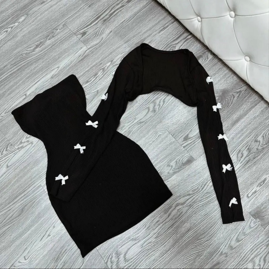 Đầm Body Cup Ngực Kèm Khoác Tay Rời Đính Nơ Đầm Body Cá Tính Thun Tăm QC - Thời Trang Nữ Gía Rẻ