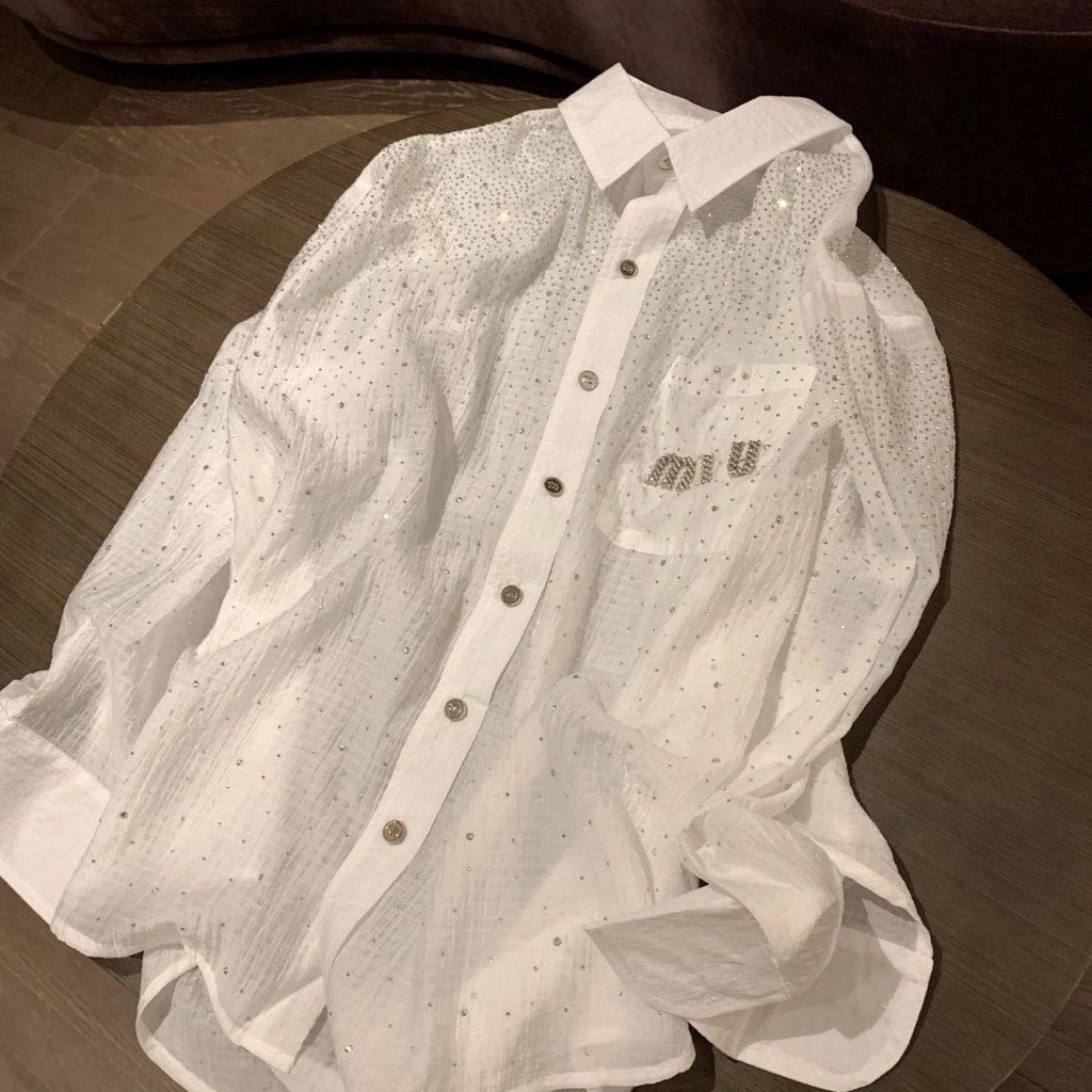 Áo Sơ Mi Đính Đá Viên Nhỏ Miu Miu ❤ SoMi Nữ Chất Cotton Dày Dặn Phong Cách Hàn Quốc NVA675