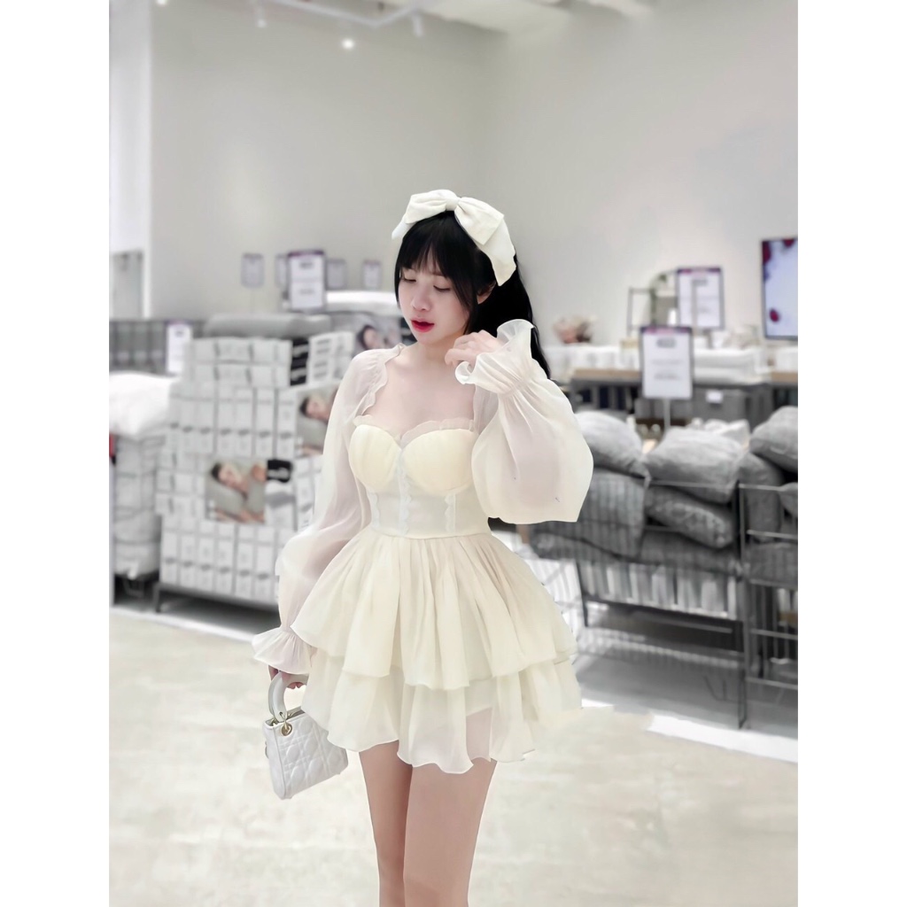 Váy tiểu thư tay bồng cup ngực dáng xoè tầng