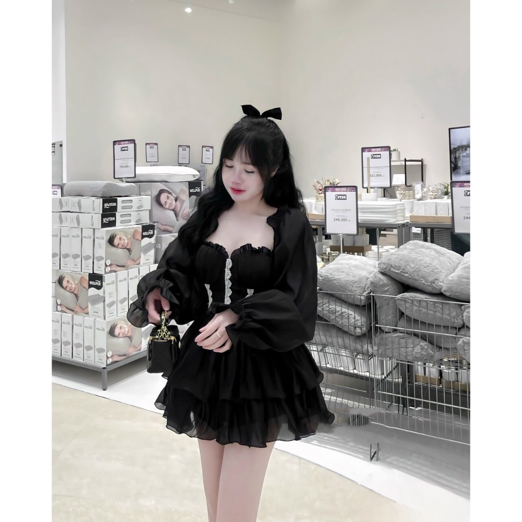 Váy tiểu thư tay bồng cup ngực dáng xoè tầng