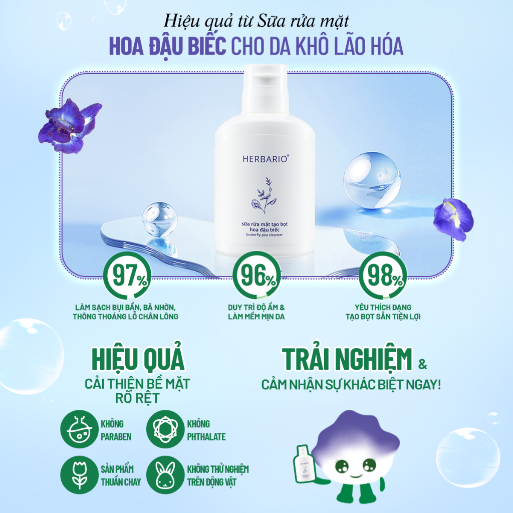 Sữa rửa mặt tạo bọt hoa đậu biếc herbario 100ml sạch bụi bẩn, ngăn ngừa lão hóa da