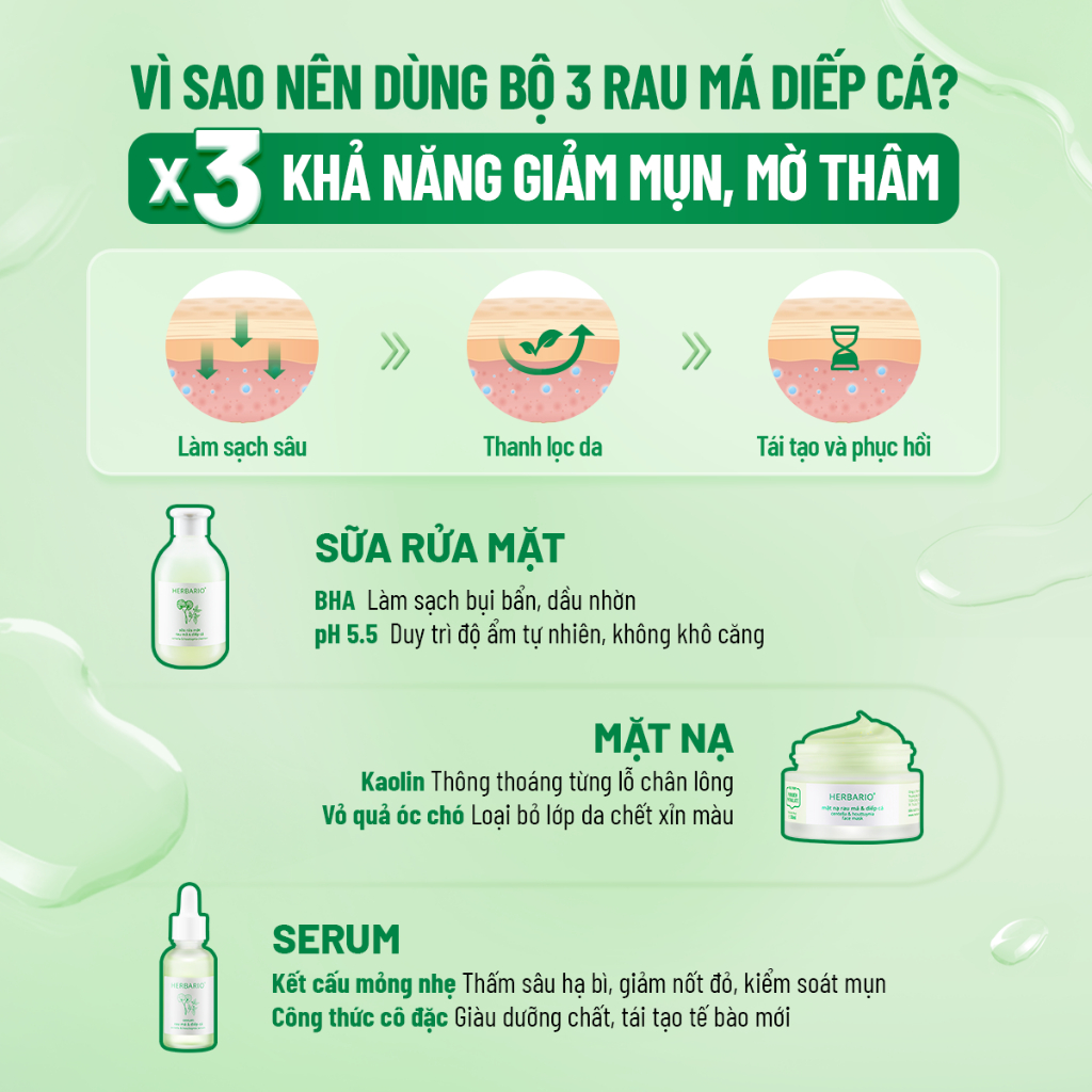 Bộ 3 chăm sóc da mụn cơ bản Rau má & Diếp cá Herbario: Sữa rửa mặt 200ml + Serum 30ml + Mặt nạ 30ml