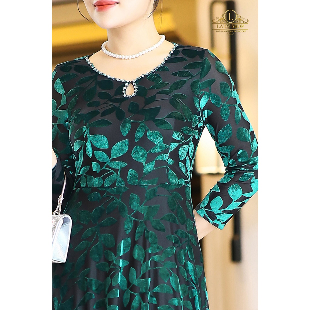 Ladyshop đầm maxi ren in hoa nhung thời trang trung niên cao cấp sang trọng T325