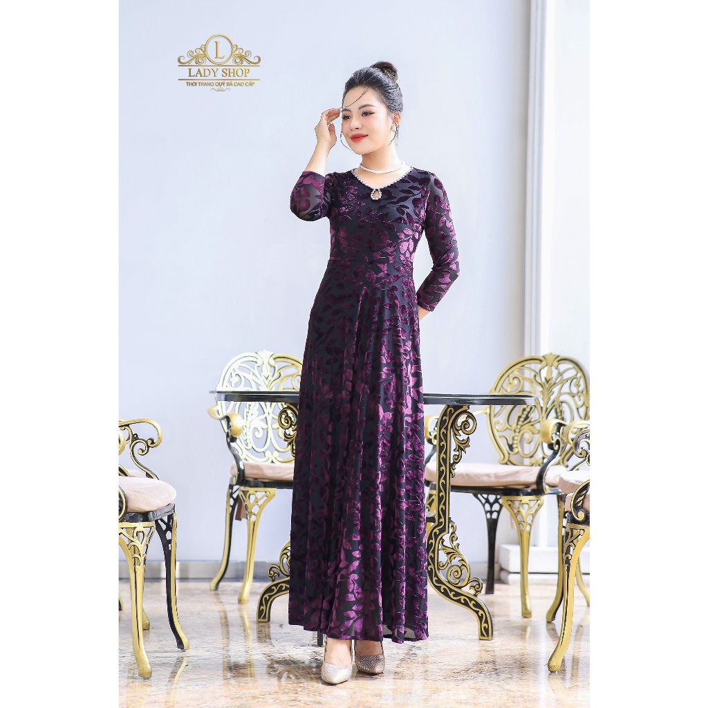 Ladyshop đầm maxi ren in hoa nhung thời trang trung niên cao cấp sang trọng T325
