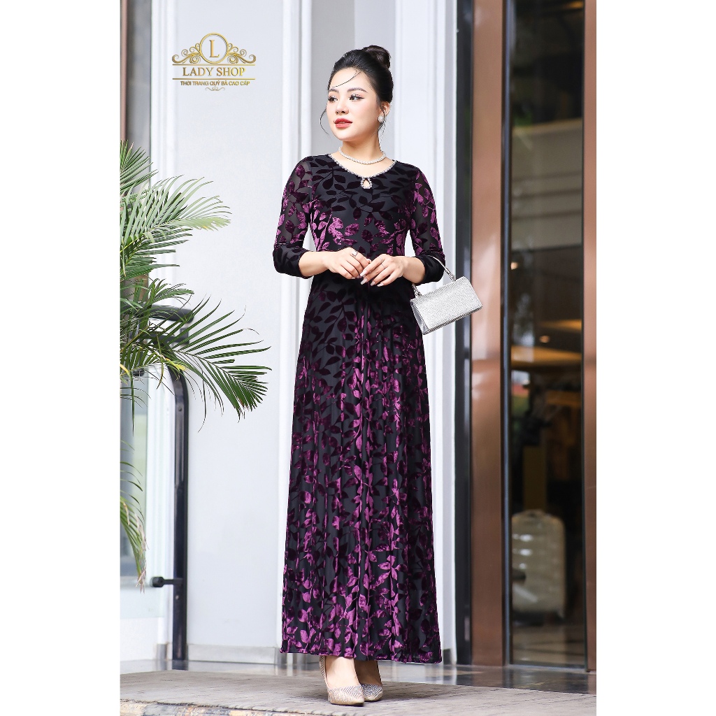 Ladyshop đầm maxi ren in hoa nhung thời trang trung niên cao cấp sang trọng T325