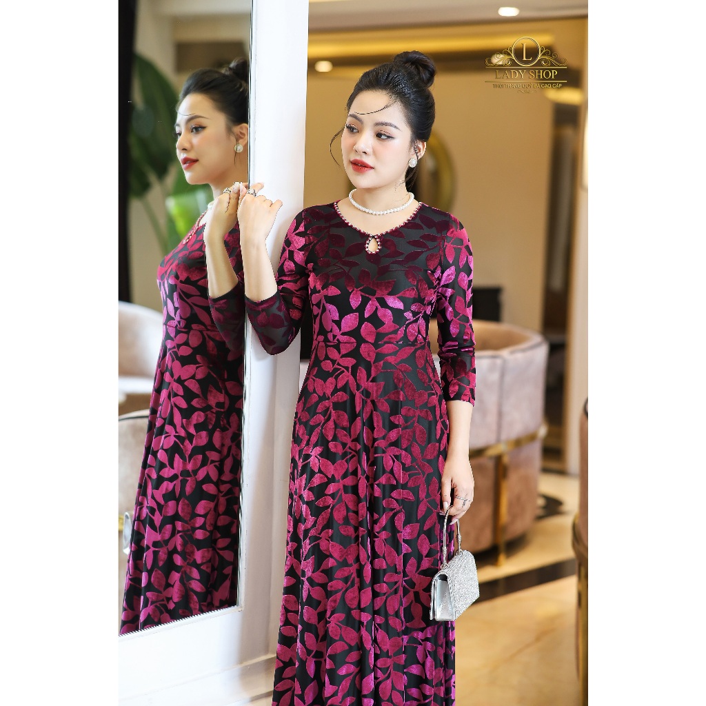 Ladyshop đầm maxi ren in hoa nhung thời trang trung niên cao cấp sang trọng T325