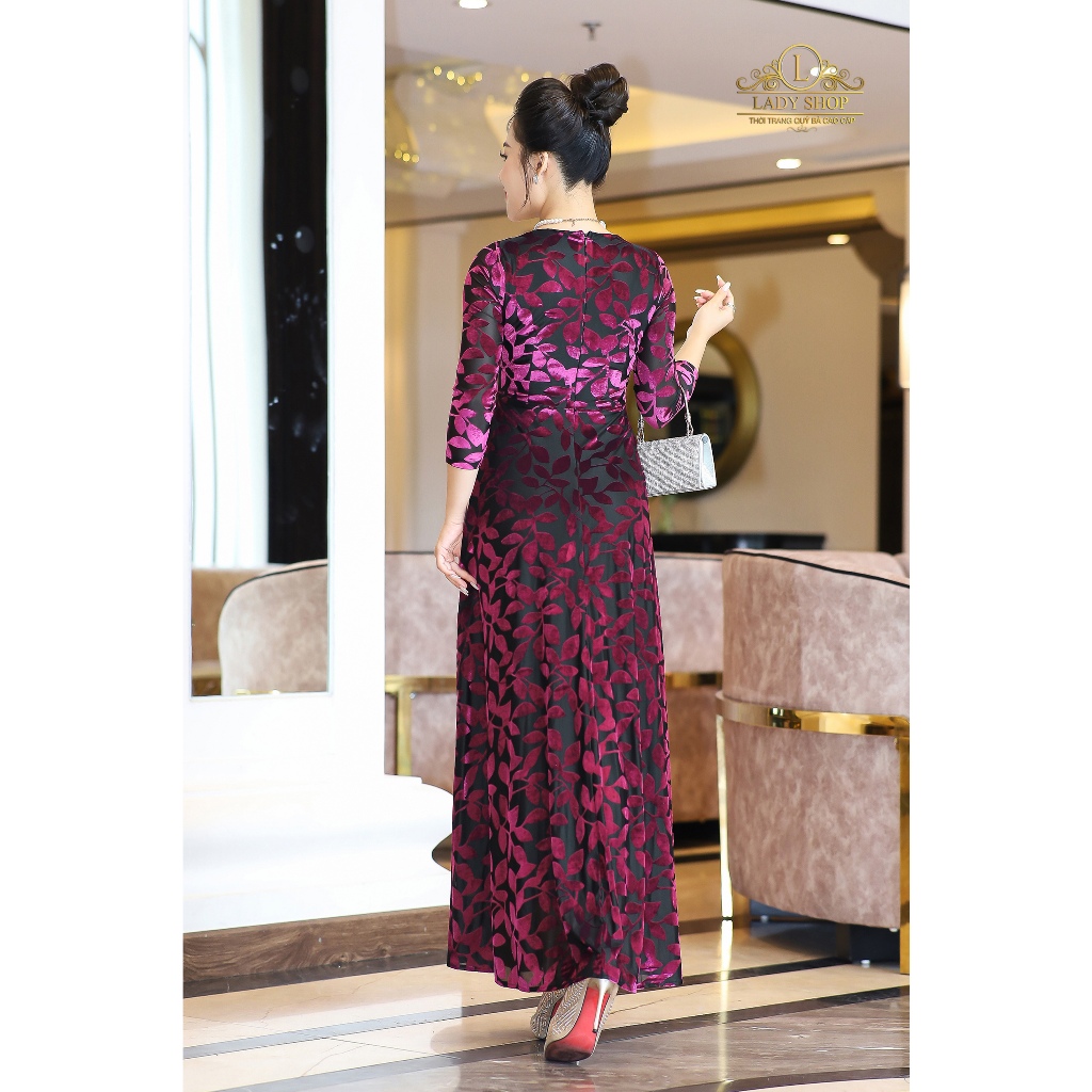 Ladyshop đầm maxi ren in hoa nhung thời trang trung niên cao cấp sang trọng T325