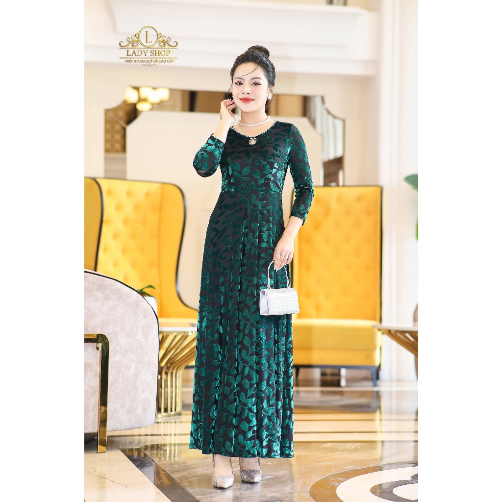Ladyshop đầm maxi ren in hoa nhung thời trang trung niên cao cấp sang trọng T325