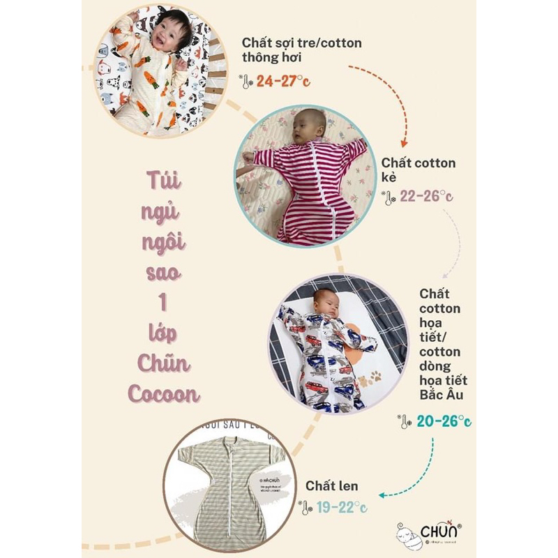 Túi ngủ ngôi sao 1 lớp vải sợi tre mùa hè Quấn Chũn Cocoon Đại Lý Nhà Mỡ Mỡ chính hãng