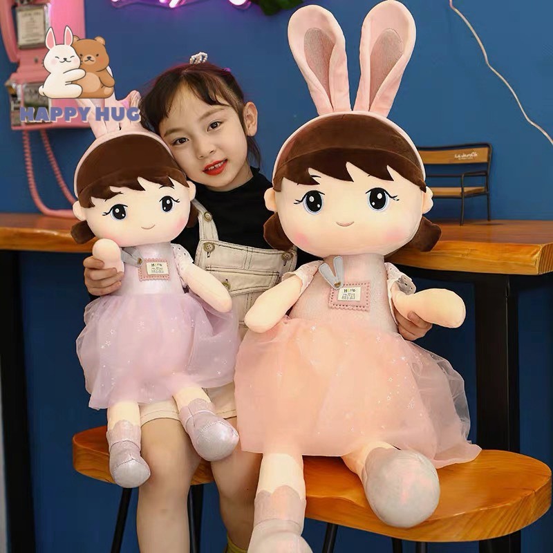 Gấu bông đồ chơi búp bê em bé vải tai thỏ, búp bê bông đội mũ đáng yêu cho bé gái Size 40/60cm - Happy Hug