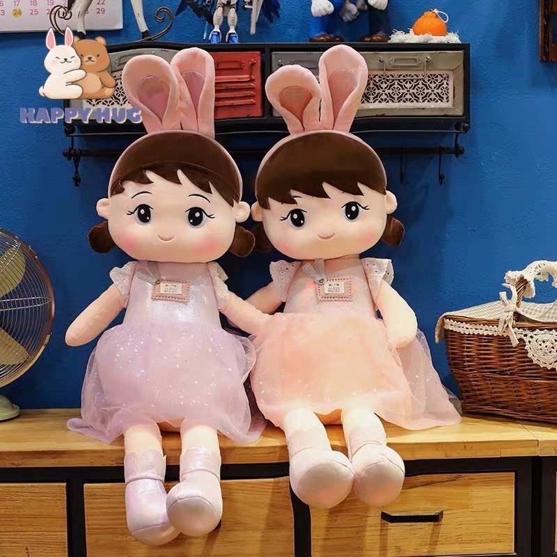 Gấu bông đồ chơi búp bê em bé vải tai thỏ, búp bê bông đội mũ đáng yêu cho bé gái Size 40/60cm - Happy Hug