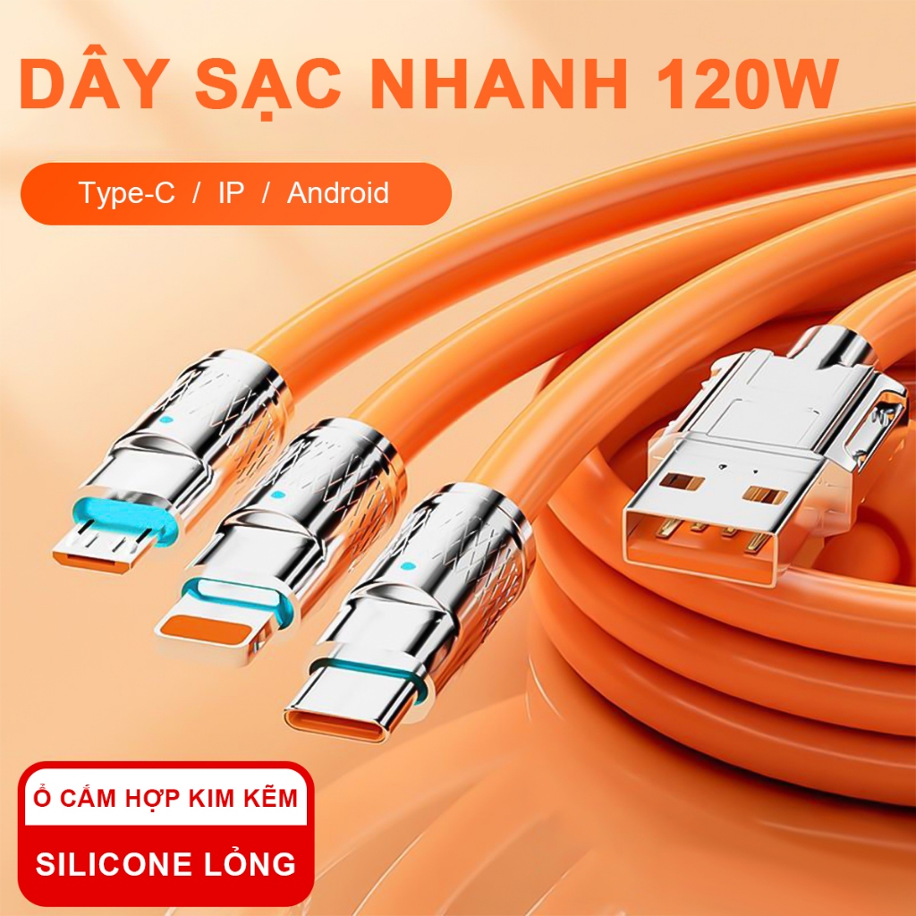 Cáp Sạc Nhanh 3 đầu Hợp Kim Kẽm 120W 6A Dây Silicone