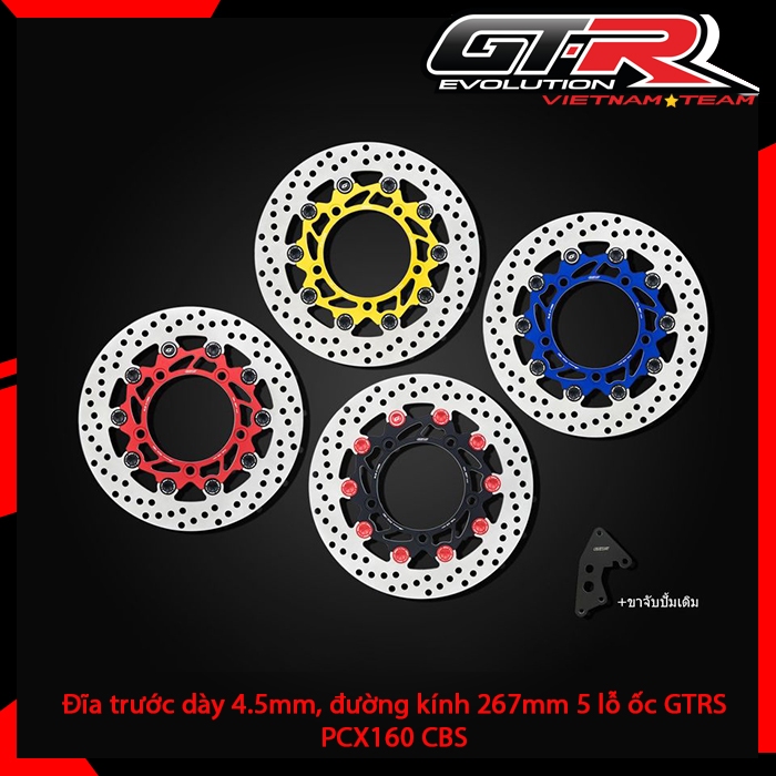 Đĩa trước dày 4.5mm, đường kính 267mm 5 lỗ ốc GTRS PCX160 có kèm pad gắn