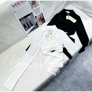 Áo nhũ cổ sơ mi tay dài xoắn eo buộc dây croptop - a0u