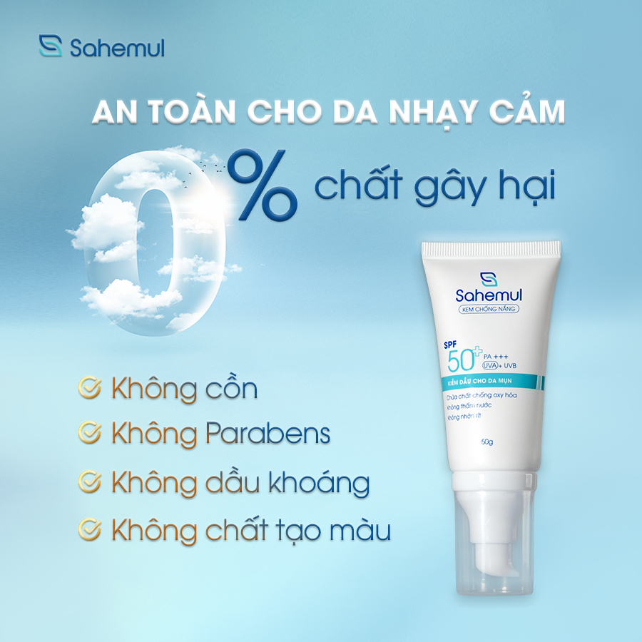 Combo 2 Kem Chống Nắng Kiềm Dầu Cho Da Mụn Sahemul Quang Phổ Rộng, Kháng Nước, Chống Ánh Sáng Xanh 50g