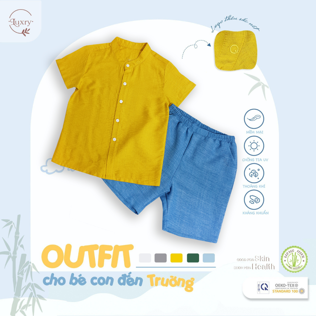 Áo sơ mi cổ tàu cho bé trai, bé gái thanh lịch từ Luxry với chất vải đũi tre