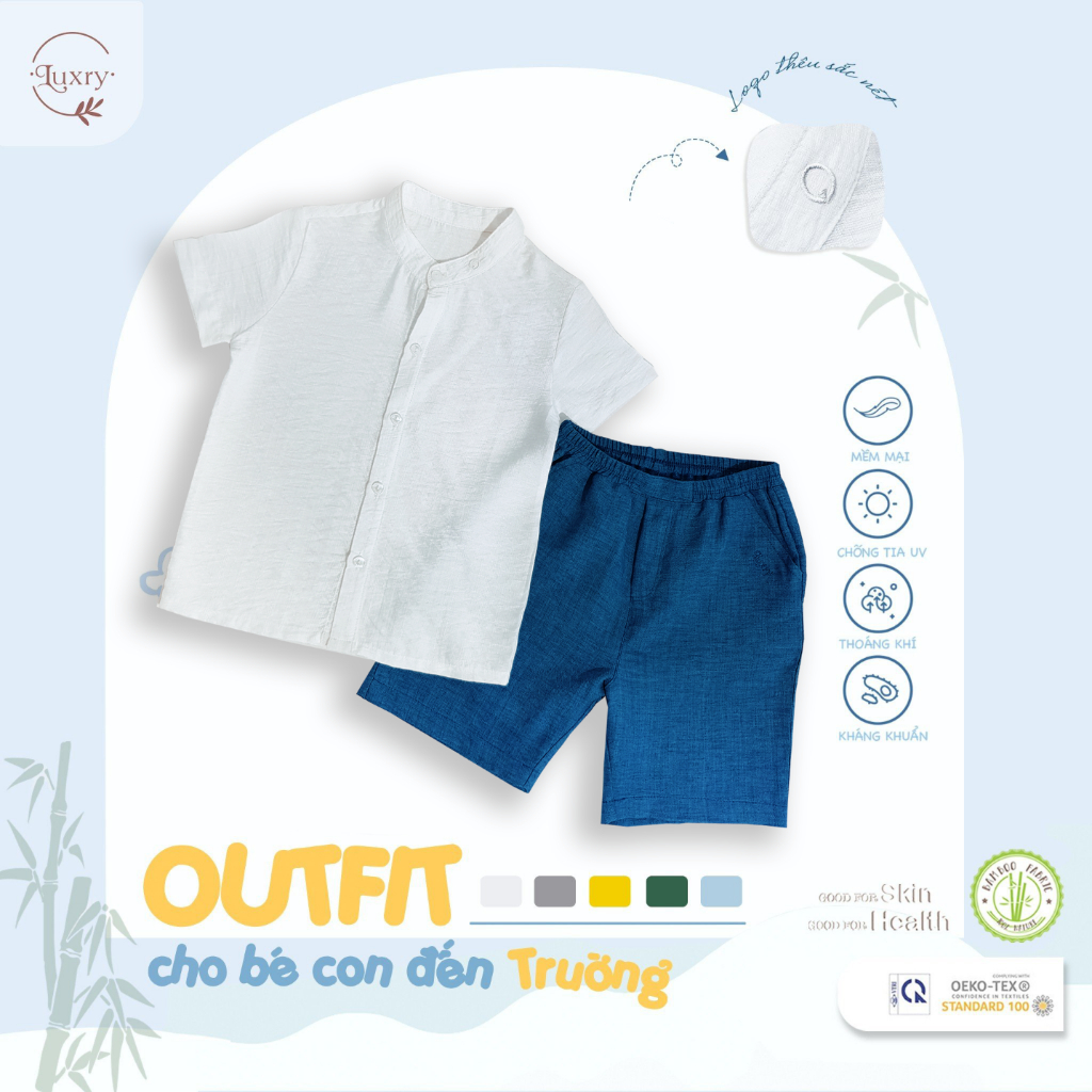 Áo sơ mi cổ tàu cho bé trai, bé gái thanh lịch từ Luxry với chất vải đũi tre