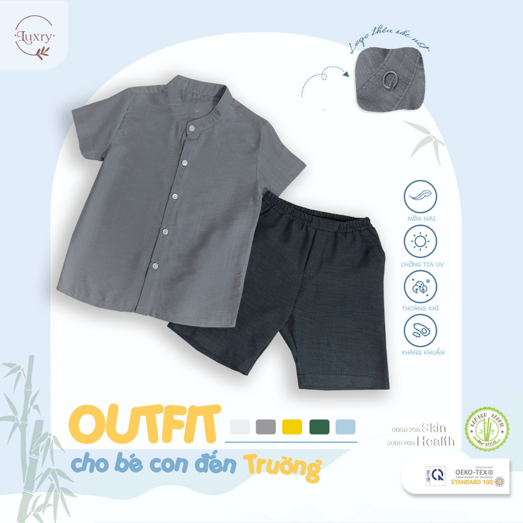 Áo sơ mi cổ tàu cho bé trai, bé gái thanh lịch từ Luxry với chất vải đũi tre