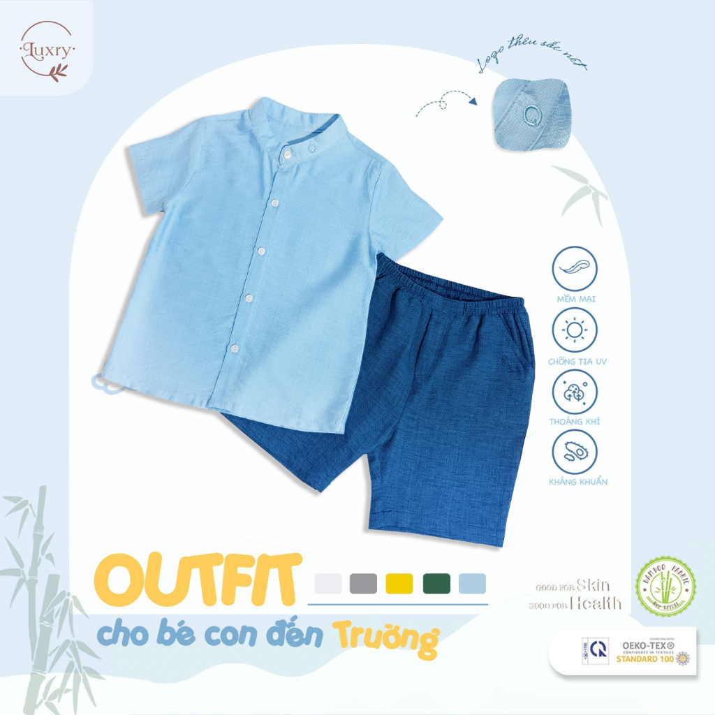 Áo sơ mi cổ tàu cho bé trai, bé gái thanh lịch từ Luxry với chất vải đũi tre