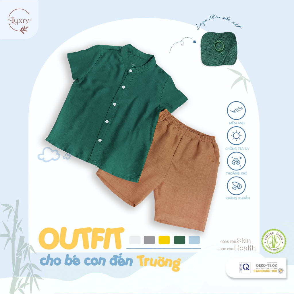 Áo sơ mi cổ tàu cho bé trai, bé gái thanh lịch từ Luxry với chất vải đũi tre