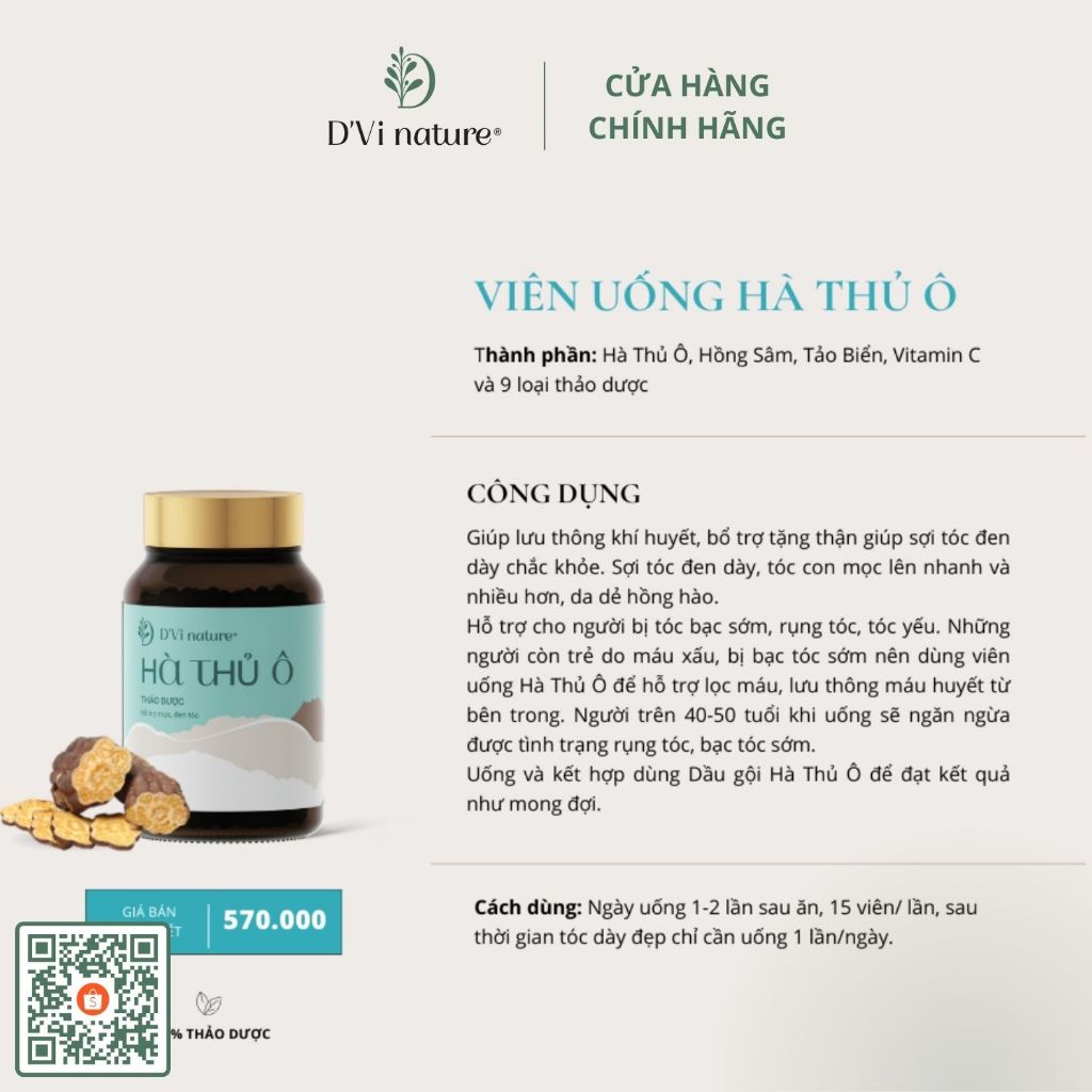 Hà thủ ô cô viên D'Vi nature thảo dược giúp nuôi dưỡng sợi tóc từ sâu bên trong, hỗ trợ mọc tóc, đen tóc, sợi tóc dày