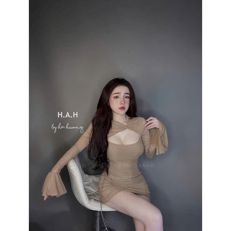 Đầm Body Dài Tay Đan Eo Đầm Body Cup Ngực Khoét Ngực Phối Tay Loe Thun Lưới L1 - Thời Trang Nữ Giá Rẻ