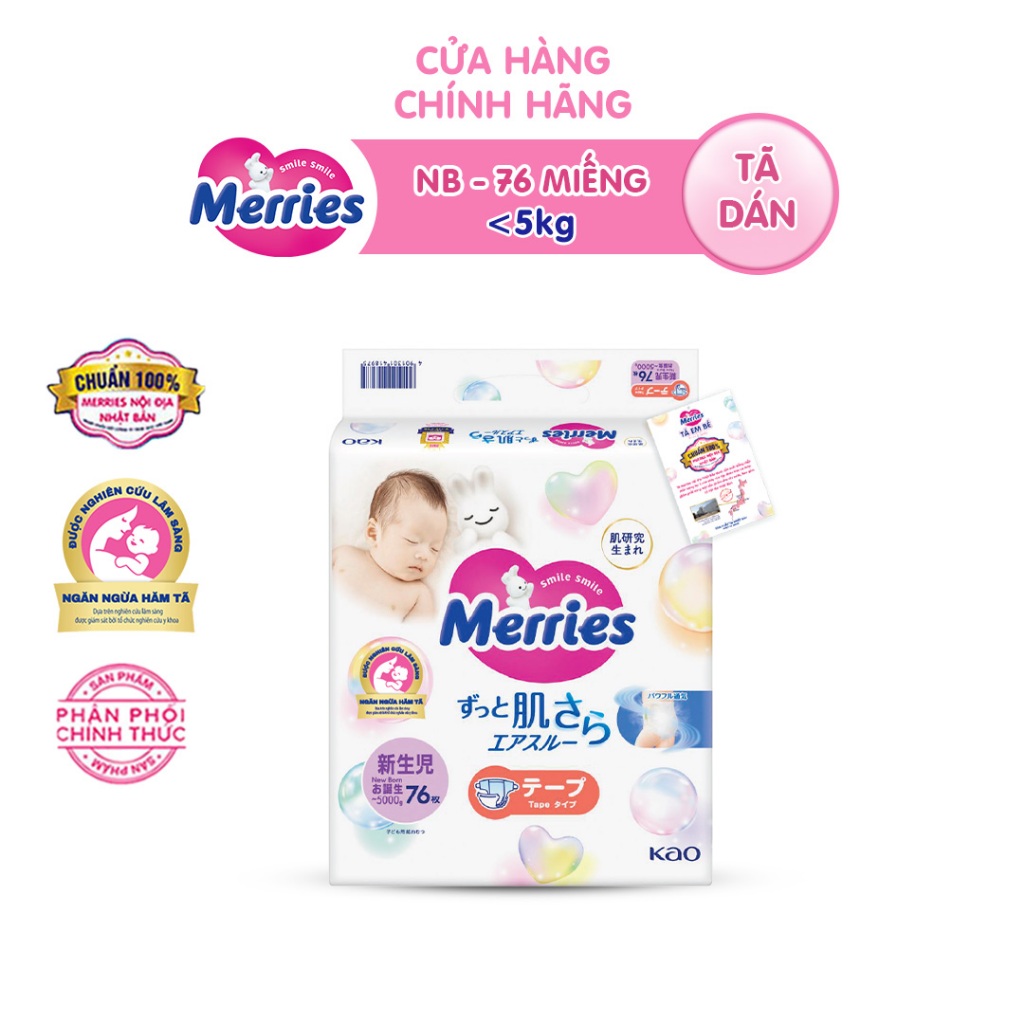 Tã/bỉm dán Merries size NB - 76 miếng (dành cho bé dưới 5kg) mới