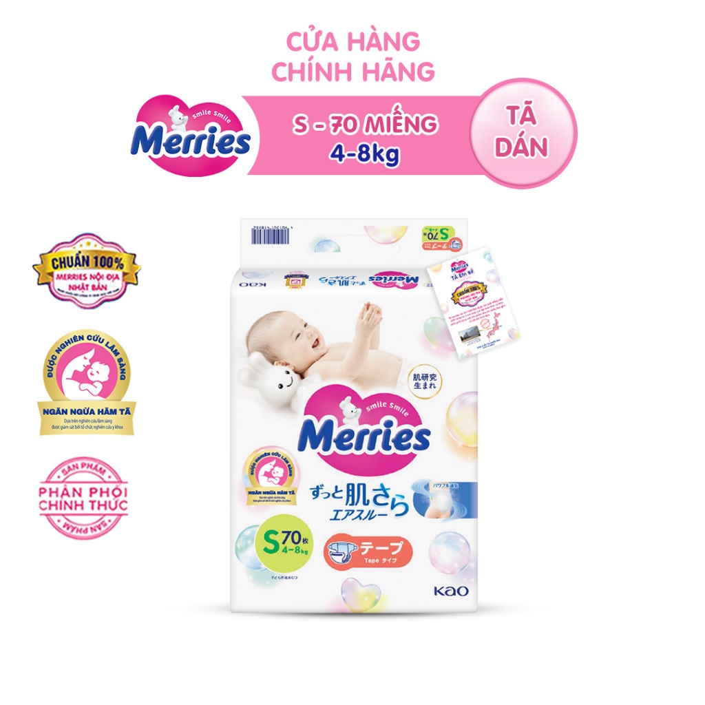 Tã/bỉm dán Merries size S - 70 miếng (dành cho bé 4 - 8kg) mới