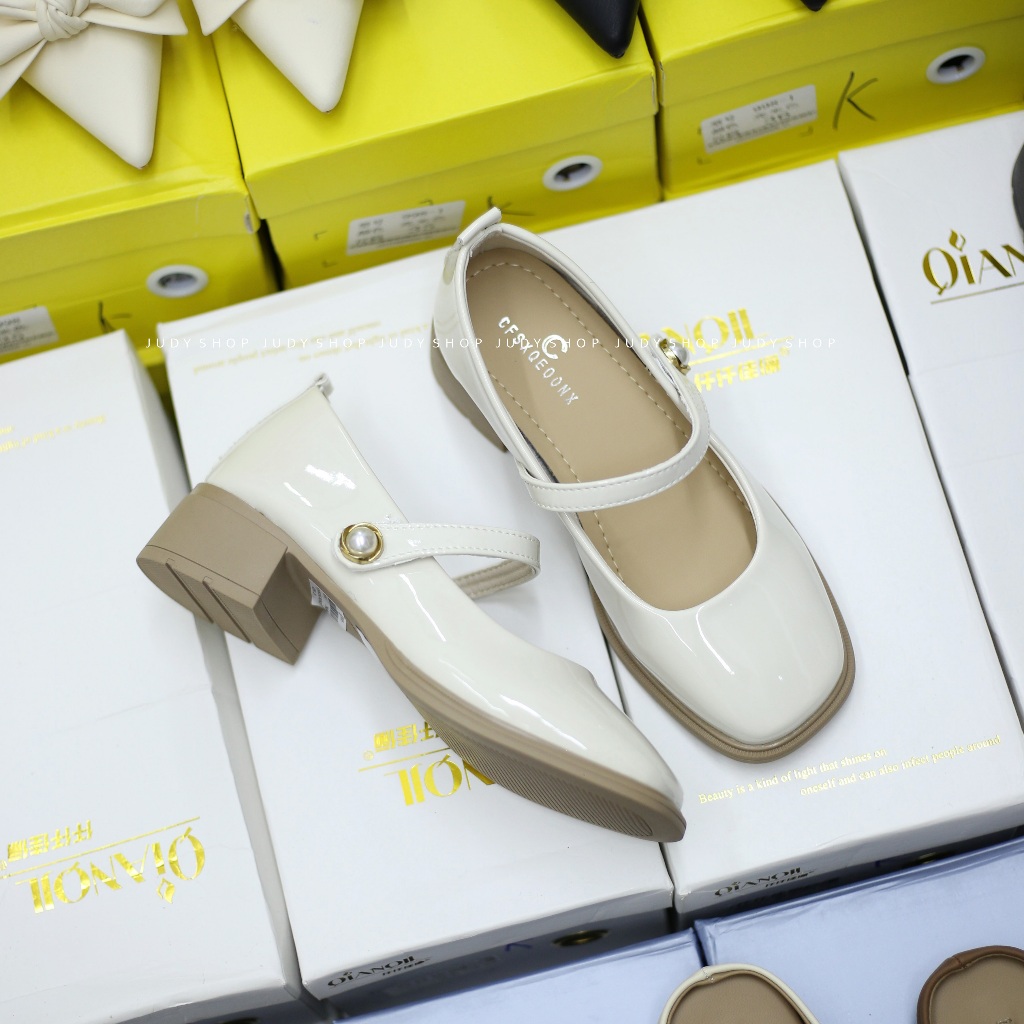 Giày Judy- Giày Gót Vuông CFS Da Bóng Quai Ngang Đính Ngọc 4p QCCC