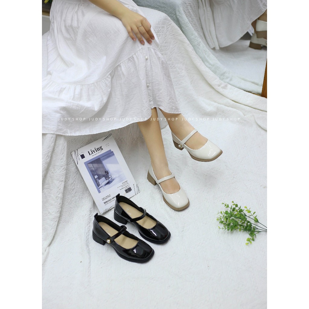 Giày Judy- Giày Gót Vuông CFS Da Bóng Quai Ngang Đính Ngọc 4p QCCC