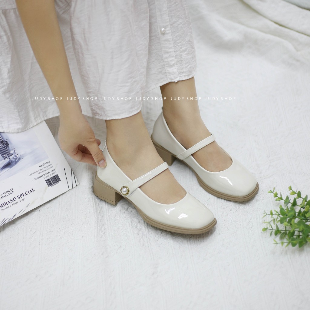 Giày Judy- Giày Gót Vuông CFS Da Bóng Quai Ngang Đính Ngọc 4p QCCC