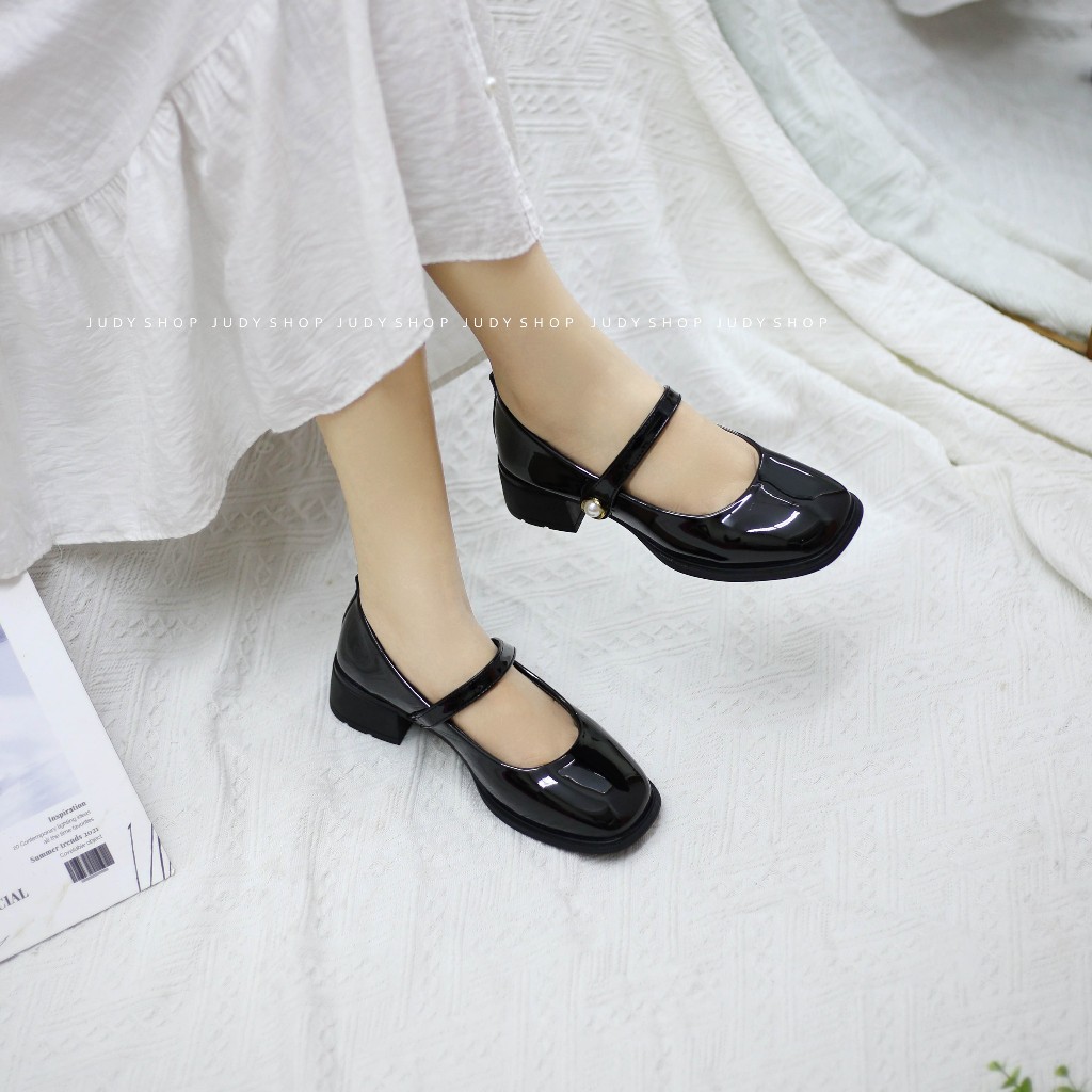 Giày Judy- Giày Gót Vuông CFS Da Bóng Quai Ngang Đính Ngọc 4p QCCC