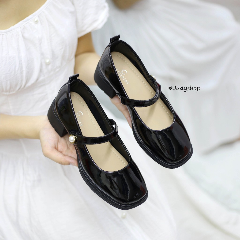 Giày Judy- Giày Gót Vuông CFS Da Bóng Quai Ngang Đính Ngọc 4p QCCC