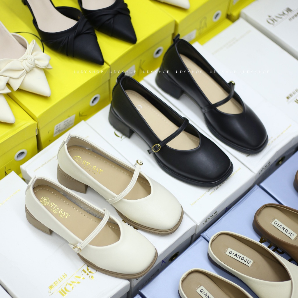 Giày Judy- Giày Gót Vuông  ST Da Lì Quai Ngang Mũi Tim 4p QCCC