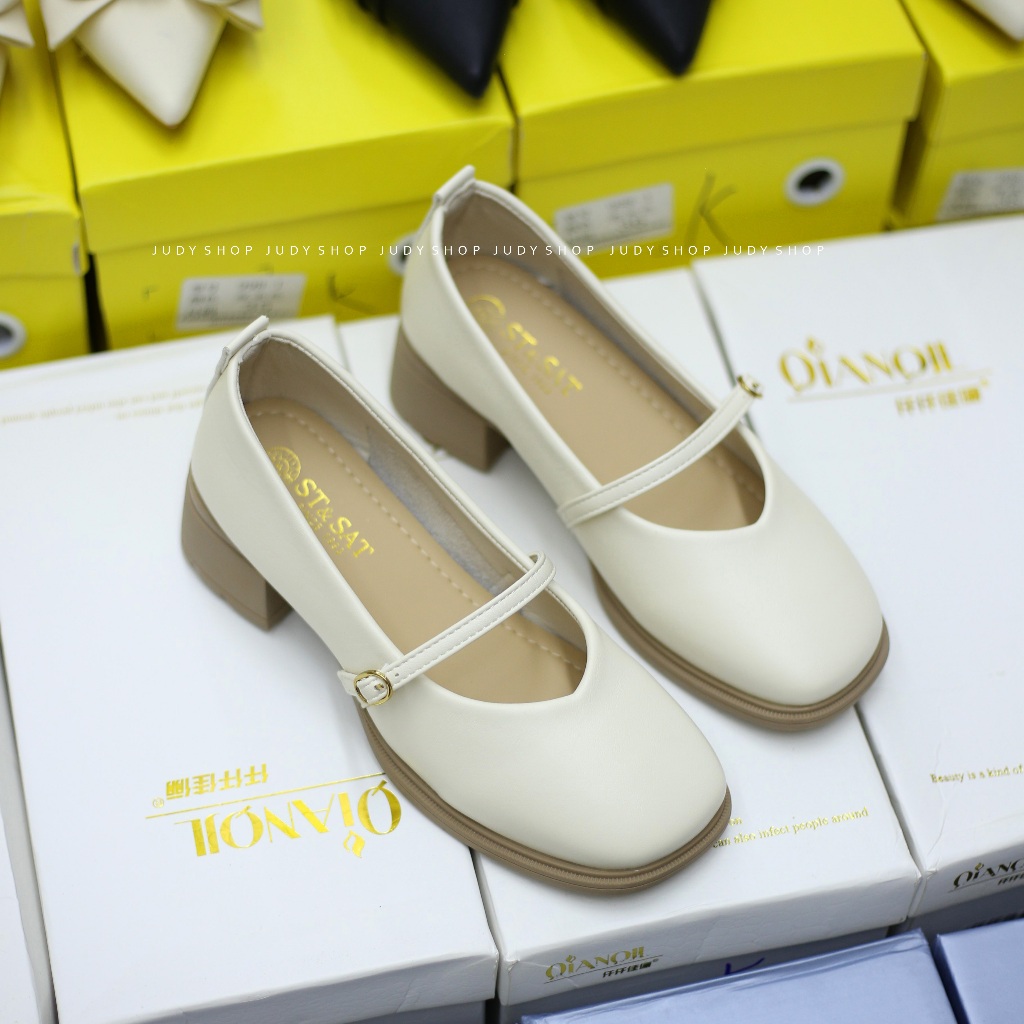 Giày Judy- Giày Gót Vuông  ST Da Lì Quai Ngang Mũi Tim 4p QCCC