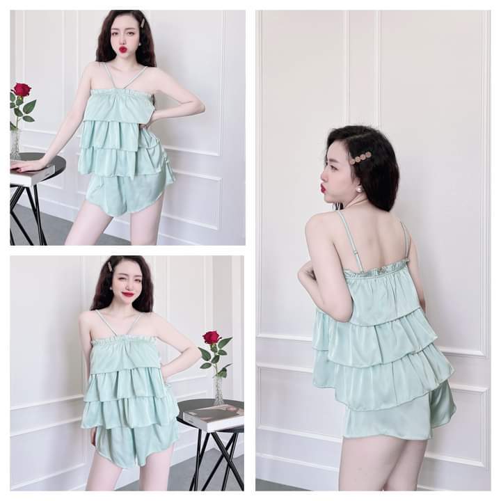 đồ bộ nữ kiểu hai dây quần đùi 2 dây hở lưng dễ thương, set bộ 2 dây đồ mặc nhà hai viền bèo - Cn160