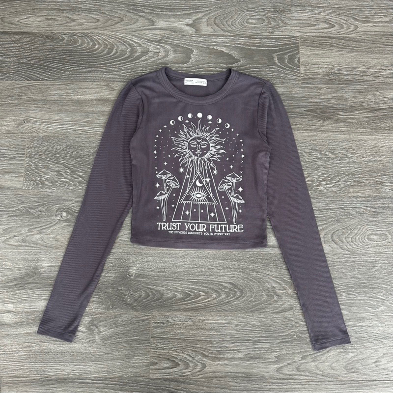 AnDi.vnxk Áo thun tay dài crop in hình hoạ tiết