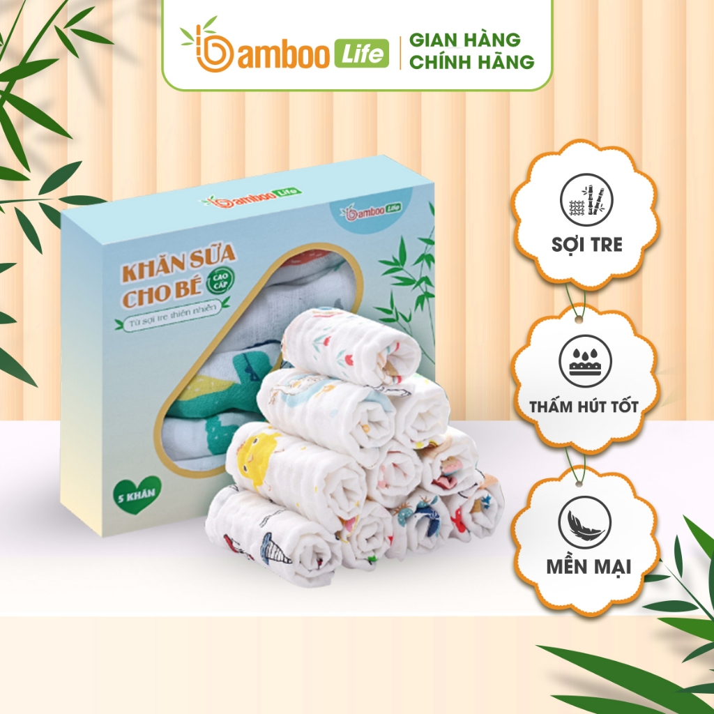 Khăn sữa cho bé sợi tre Bamboo Life BL137 hộp 5 chiếc lau mềm mịn, kháng khuẩn, thấm hút tốt an toàn cho da trẻ em