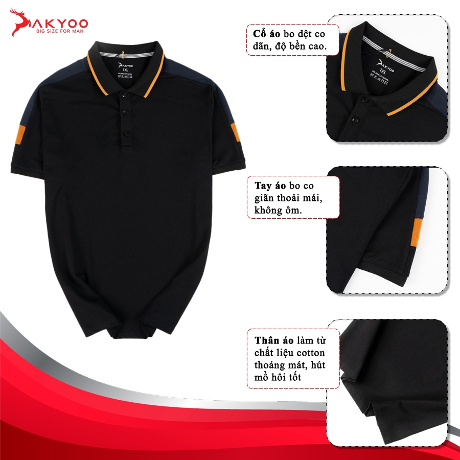 Áo Polo Thun Nam Bigsize 80-140kg AKYOO Cao Cấp, Chất Liệu Cotton Co Giãn, Thoáng Mát -AT CAM C5-PL DEN V XANH