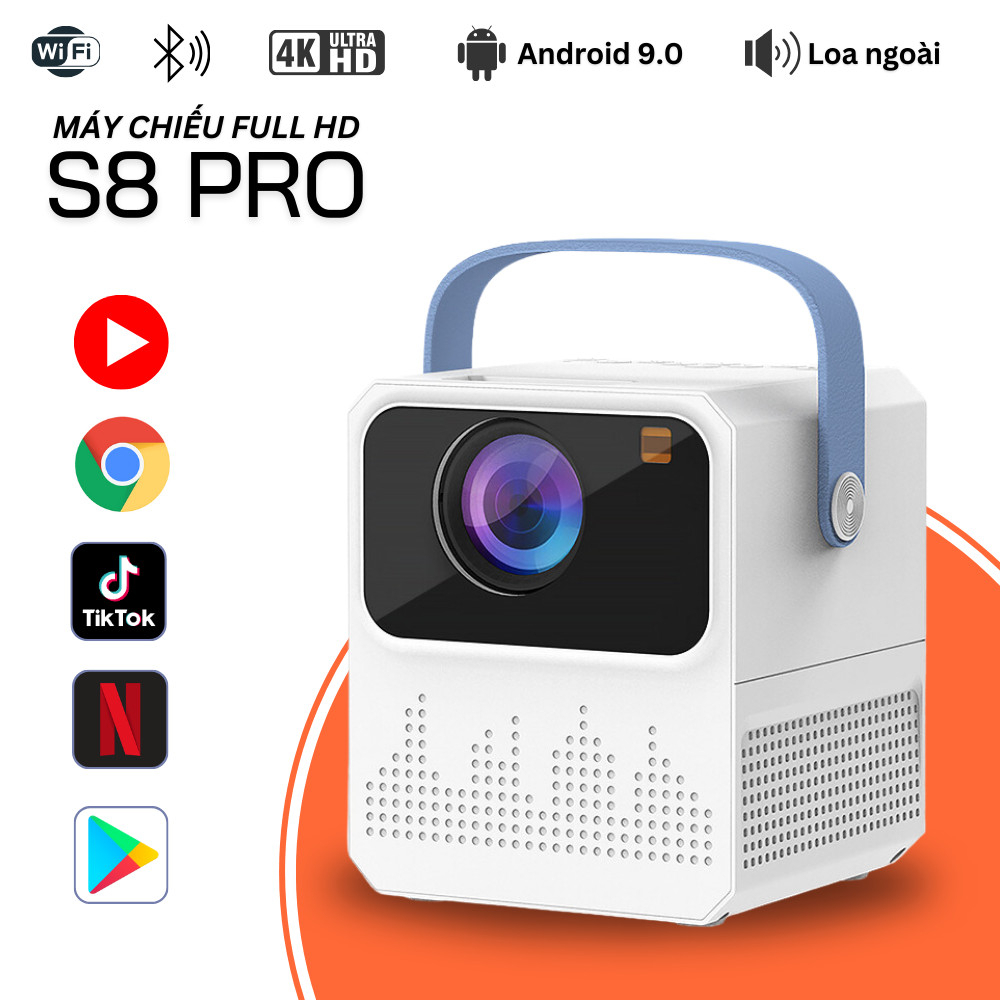 Máy Chiếu Mini S8 PRO Full HD Kết Nối Xem TV, NetFlix, Youtube Trực Tiếp, Kết Nối Máy Tính, Điện Thoại Không Dây
