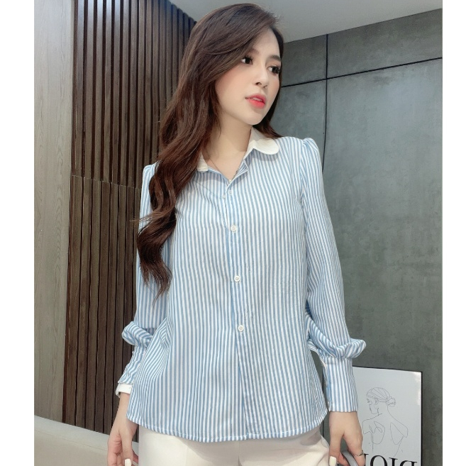 Áo Sơ Mi Liin Clothing Kẻ Xanh Cổ Sen Trắng Vai Bồng Nhẹ Thiết Kế Thanh Lịch Sang Trọng - AKD330PRI-S23