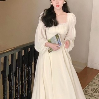 Đầm trắng kem tay dài dáng dài vải chiffon cổ vuông phối ren phong cách tiểu thư nhẹ nhàng thời trang mùa thu đông mới